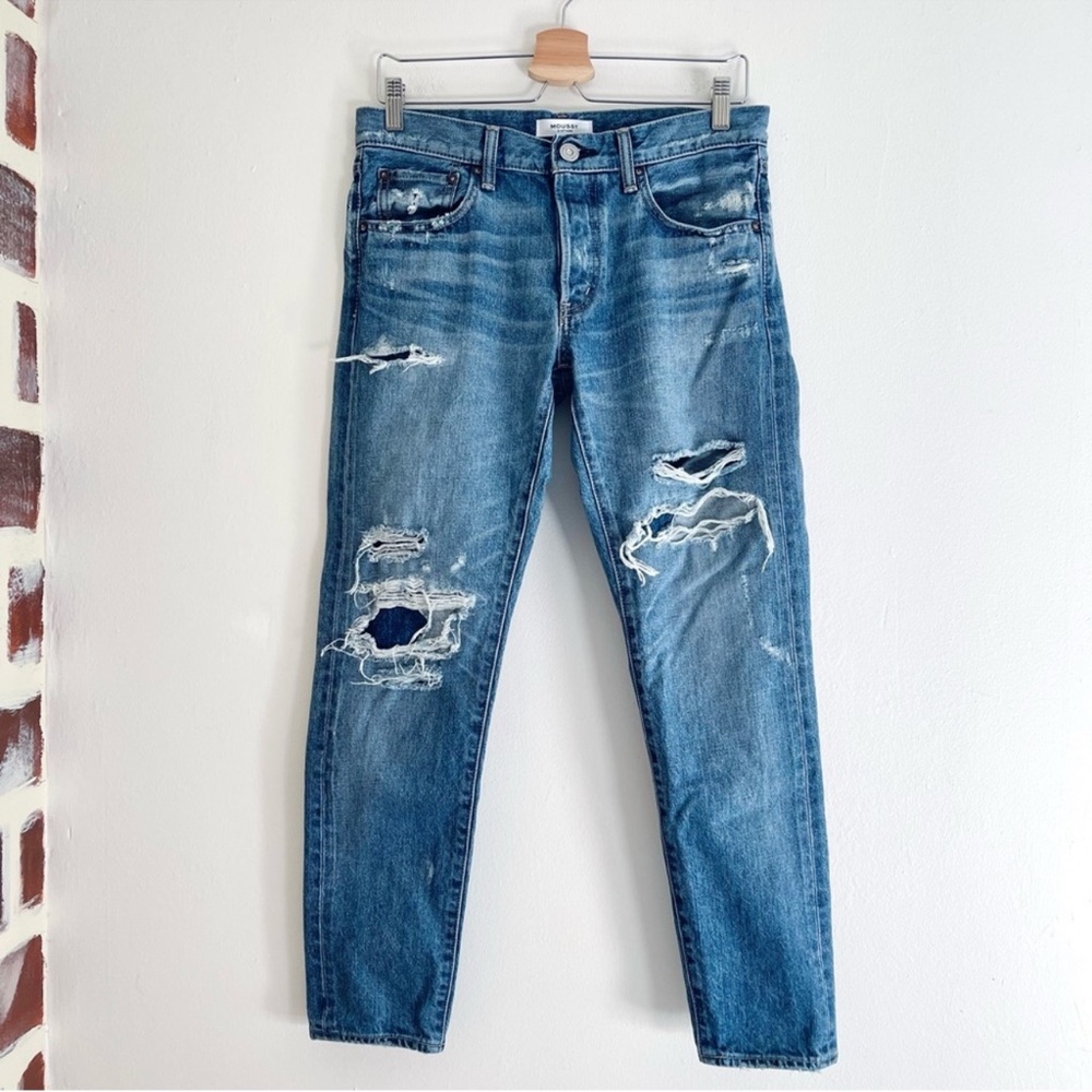 Moussy Vintage Japanese Denim Distressed Skinny Jean In Medium Blue Wash Size 27